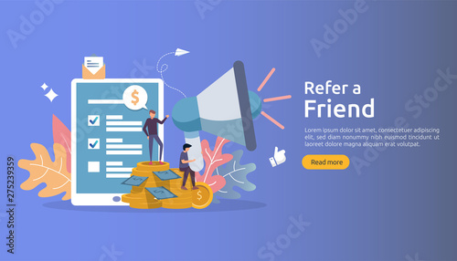 affiliate marketing concept. refer a friend strategy. people character shout megaphone sharing referral business partnership and earn money. template for web landing page, banner, poster, print media