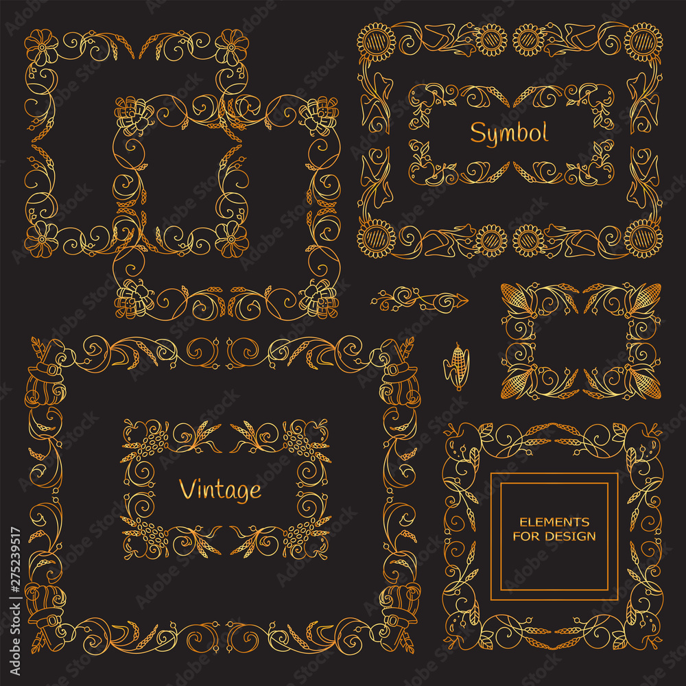 Vector set of calligraphic elements for design. Square, rectangle, section, module, template for logo, monogram, frames, boxes, vignette. Premium gold ornate elements Vector set of calligraphic elements for design. Square, rectangle, section, module, template for logo, monogram, frames, boxes, vignette. Premium gold ornate elements