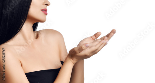 Advertisement concept close up portrait of woman cupped open hands showing something with text space isolated on a white