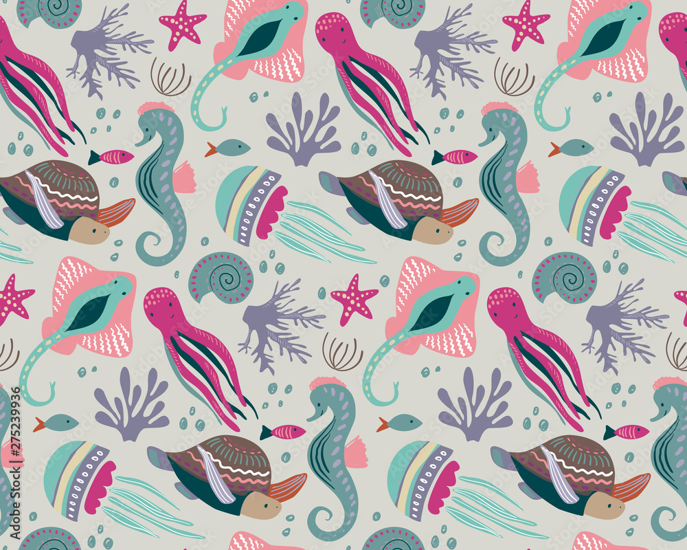 Obraz premium Vector seamless pattern with fish and sea animals.