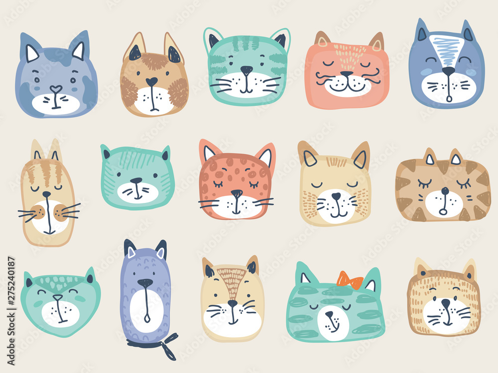 Vector collection of colorful cat faces. Funny illustration for children