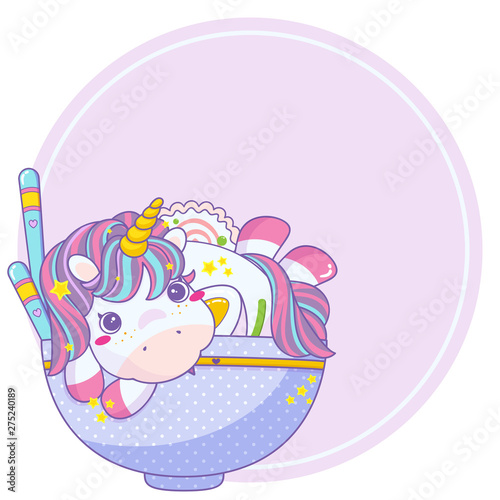 Vector cartoon print with kawaii unicorn sitting on ramen plate with lilac round frame. Anime style art, ramen, noodles, narutomaki, egg, chopsticks, onion and spice Asian food elements