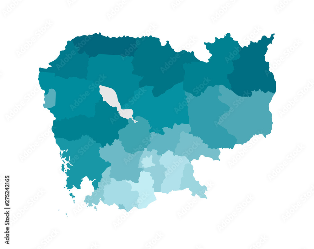 Vector isolated illustration of simplified administrative map of Cambodia. Borders of the regions. Colorful blue khaki silhouettes