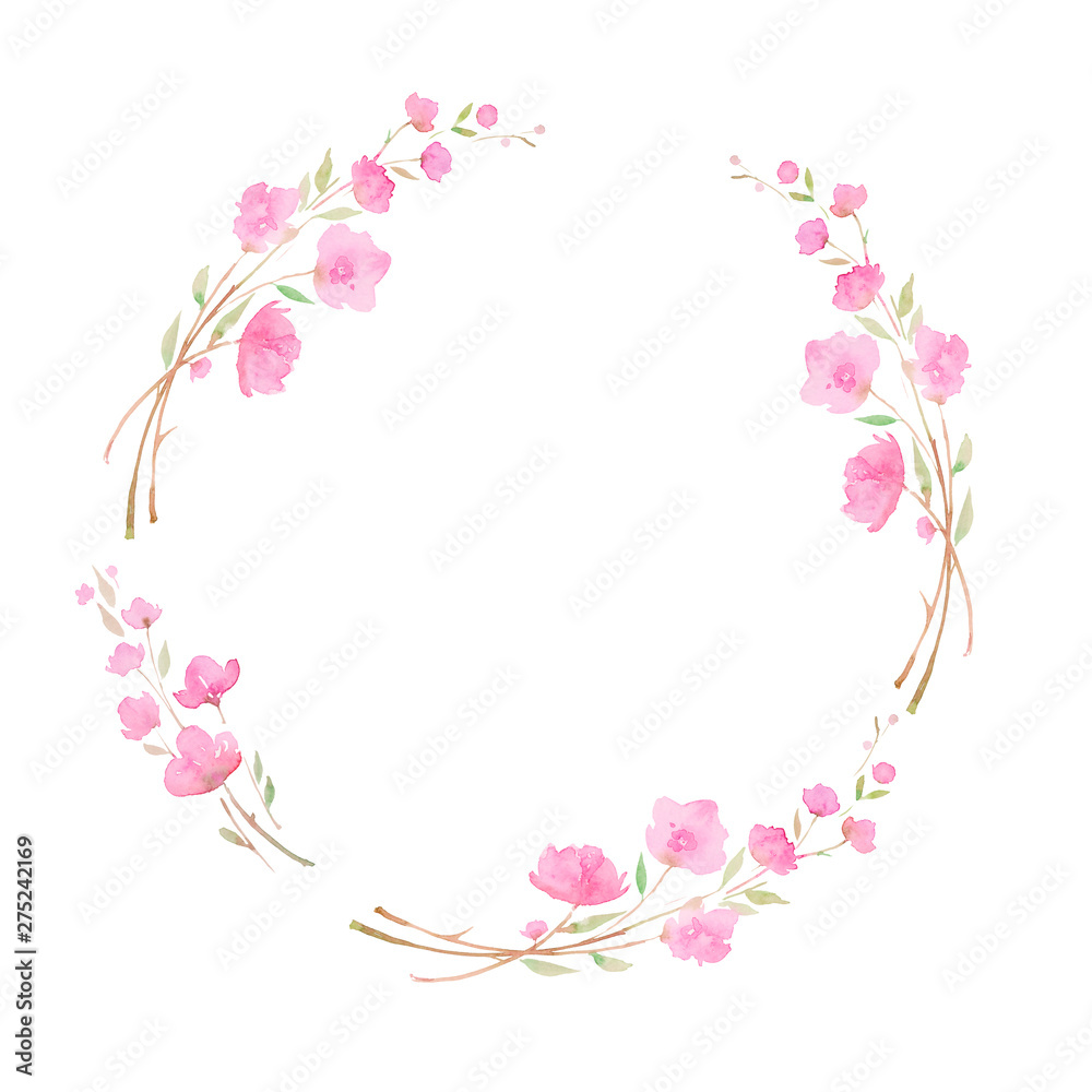 Round wreath, frame with Cherry blossom, sakura, branch with pink flowers, watercolor illustration.