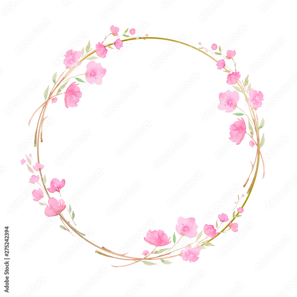 Round wreath, frame with Cherry blossom, sakura, branch with pink flowers, watercolor illustration.