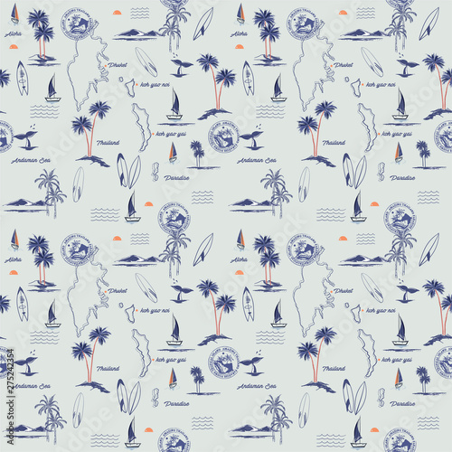 Seamless island pattern Landscape of Phuket island in thailand with palm trees,beach and ocean vector hand drawn style.