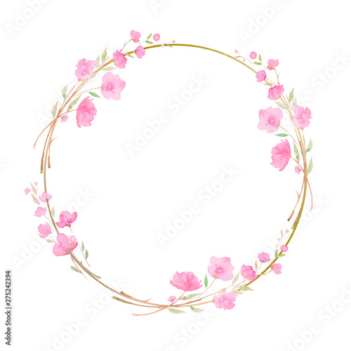 Round wreath, frame with Cherry blossom, sakura, branch with pink flowers, watercolor illustration.