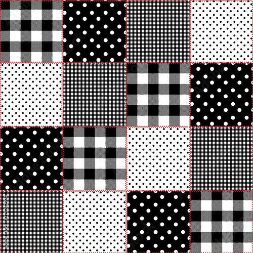 Patchwork of difference pattern polka dots,gingham check,window check , with red stich seamless pattern in vector ,Design for fashion,fabric,web,wallpaper,wrapping and all prints