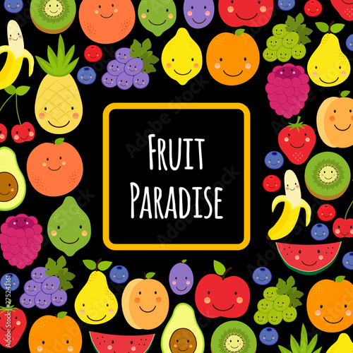 Cute Fruit Paradise frame background with various fruit characters