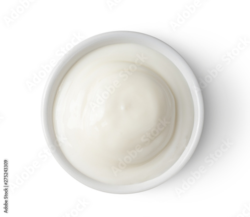 Bowl of yogurt isolated on white background from top view