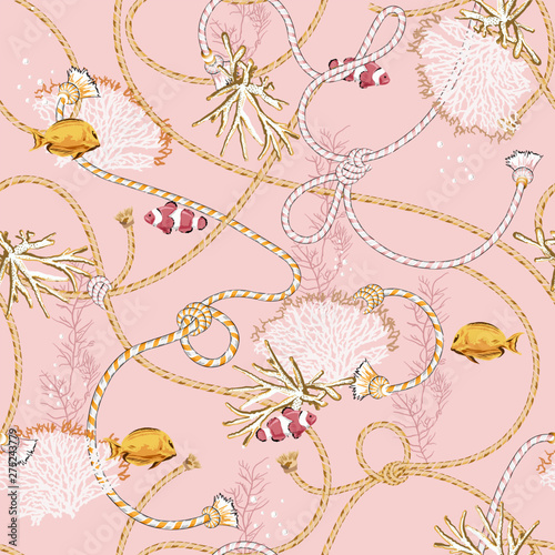 Beautiful Vector illustration Seamless pattern with corals and animal trasure. Marine motif sailor mood background. Design in nautical style for fshion,fabric,web,wrappinf and all prints