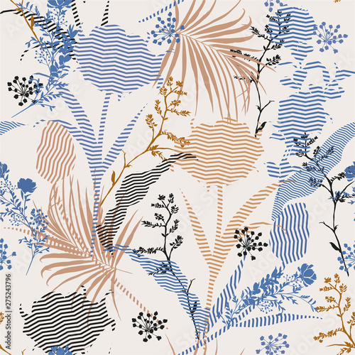 Beautiful  vintage Vector botanic silhouette floral seamless pattern on modern zigzag stripe Fill-in, delicate  wallpaper, wild flowers wallpaper