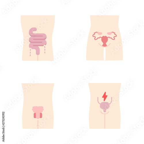 Ill human organs flat design long shadow color icons set. Sore intestines and urinary bladder. Unhealthy men reproductive systems. Infertility. Sick internal body part. Vector silhouette illustrations
