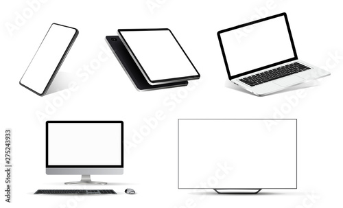 Nice mockups collection realistic devices. Smartphone, tablet, laptop, PC and TV. 3D realistic models of devices from different angles. Mockup gadgets set. Vector template for you presentation.