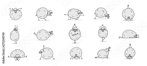 Funny sheep doing yoga, sketch for your design
