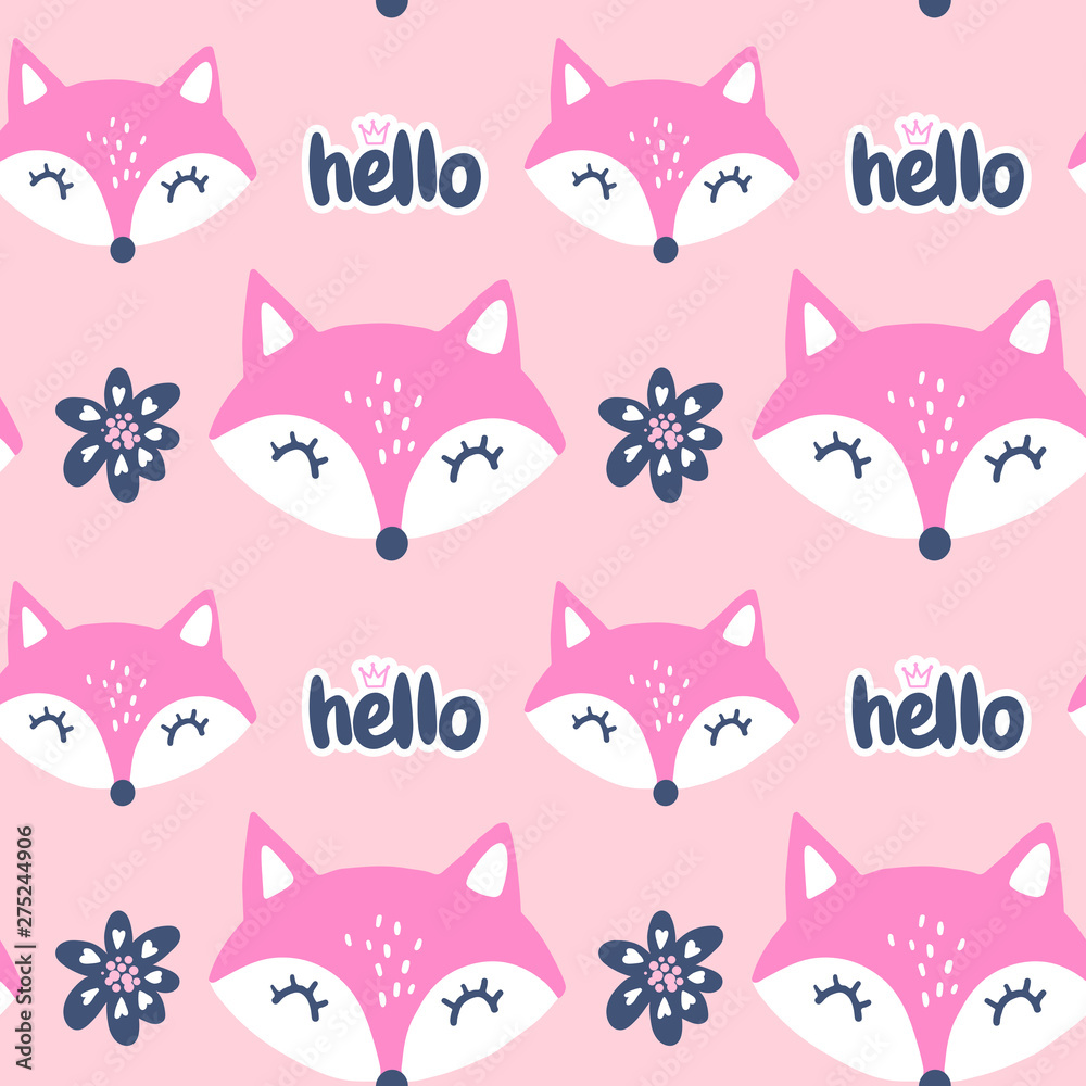 Cute red fox seamless pattern. Vector animals background. All over print with Hand drawn cartoon foxes.