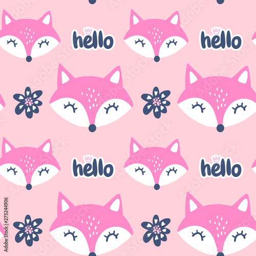 Cute red fox seamless pattern. Vector animals background. All over print with Hand drawn cartoon foxes.