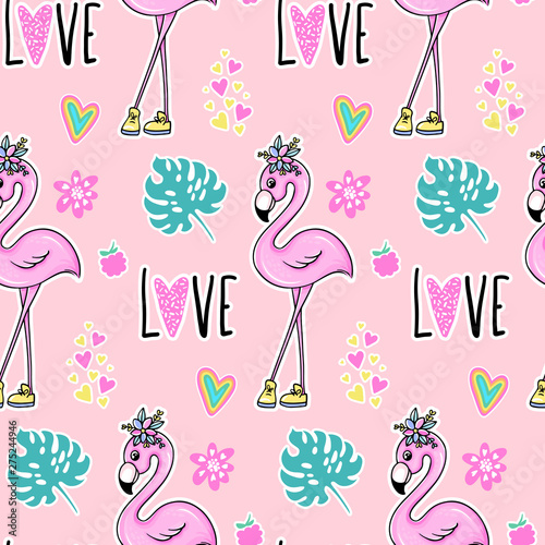 Vector tropical seamless pattern with pink flamingo, tropic leaves.