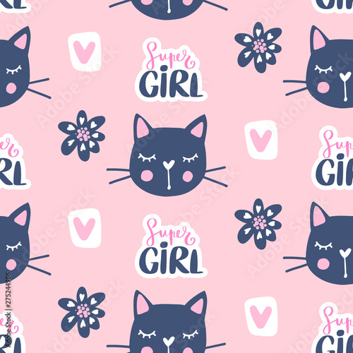 Vector fashion cat seamless pattern. Cute kitten illustration in sketch style. © yana2607