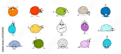 Funny sheep doing yoga, sketch for your design