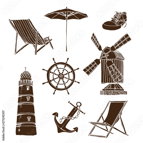 Travel vector set, hand drawn sketch collection isolated on white background