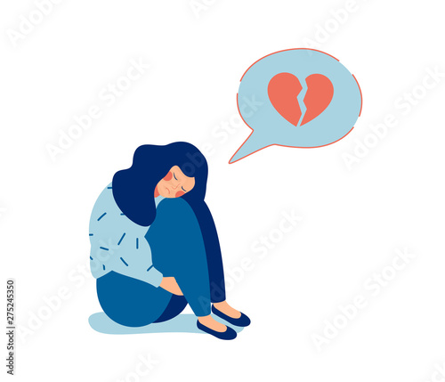 Young sad woman with broken heart unhappy hugging her knees and cry. Woman in depression with gloomy thoughts in speech bubble. Vector