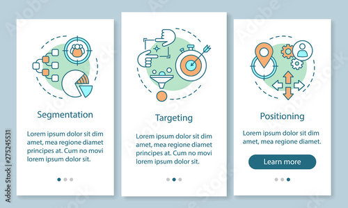 STP onboarding mobile app page screen with linear concepts. Market strategy. Segmentation, positioning, targeting walkthrough steps graphic instructions. UX, UI, GUI vector template with illustrations