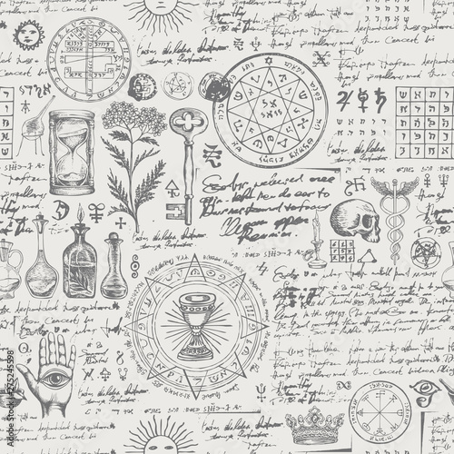 Vector seamless background on the theme of alchemy, medicine, magic, witchcraft and mysticism with various esoteric and occult symbols. Medieval manuscript with sketches and notes in retro style photo