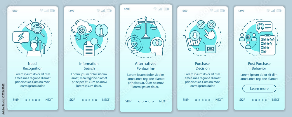 Naklejka premium Buying decision process turquoise gradient onboarding mobile app page screen vector template. Purchasing items walkthrough website with linear illustrations. UX, UI, GUI smartphone interface concept