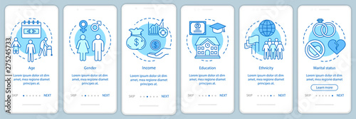 Demographics blue gradient onboarding mobile app page screen vector template. Social characteristics walkthrough website steps with linear illustrations. UX, UI, GUI smartphone interface concept