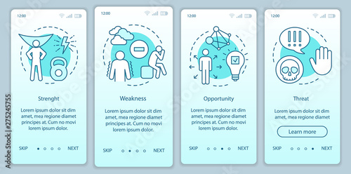 SWOT analysis turquoise gradient onboarding mobile app page screen vector template. Strength, weakness, threat walkthrough website steps with illustrations. UX, UI, GUI smartphone interface concept