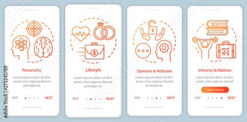 Psychographics targeting orange gradient onboarding mobile app page screen vector template. Walkthrough website steps with linear illustrations. UX, UI, GUI smartphone interface concept photo