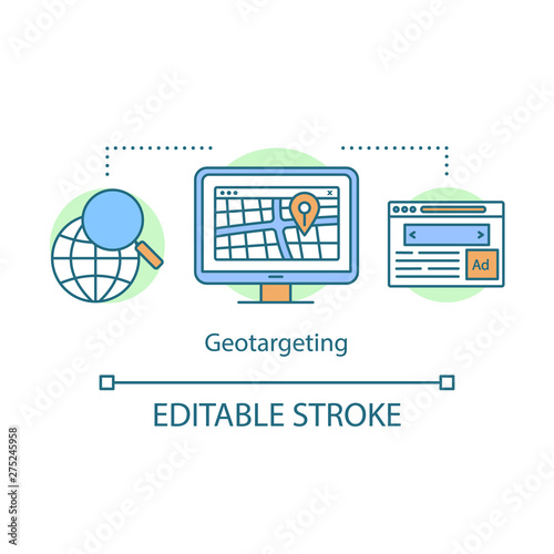 Geotargeting concept icon. Geolocation ranking. Location marketing. GPS navigation idea thin line illustration. Search optimization vector isolated outline drawing. Editable stroke photo