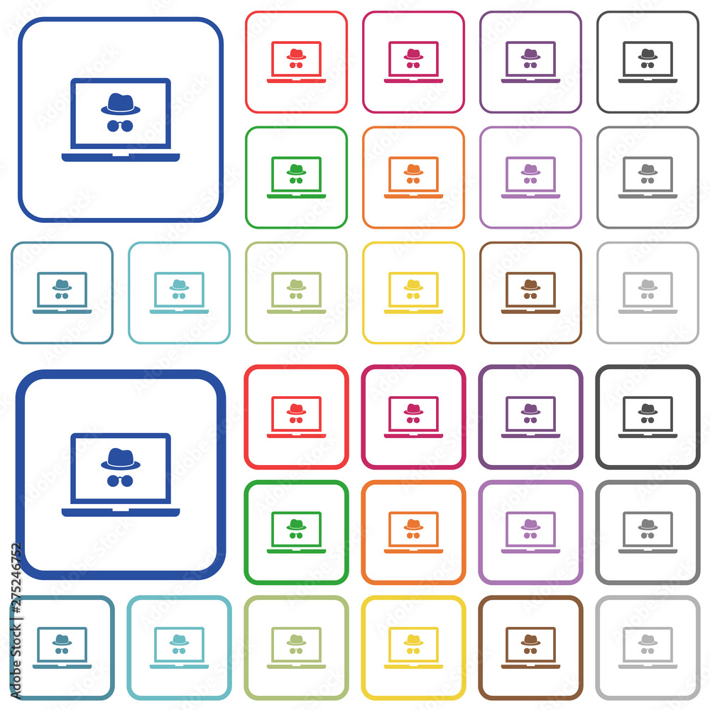 Laptop with incognito symbol outlined flat color icons Laptop with incognito symbol outlined flat color icons