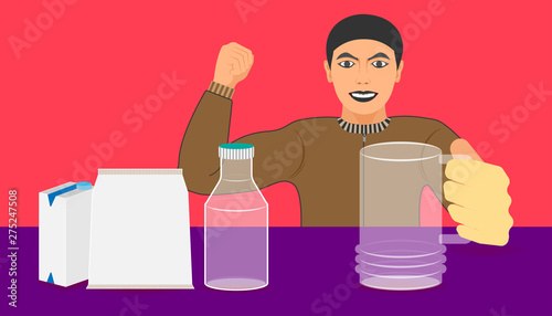 free space on bottle box bag for your drink promotion. a man show a glass and big muscle from product recommended. vector illustration eps10