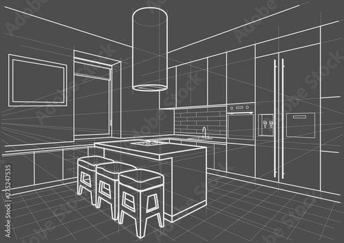 Abstract linear architectural sketch interior modern kitchen with island on gray background