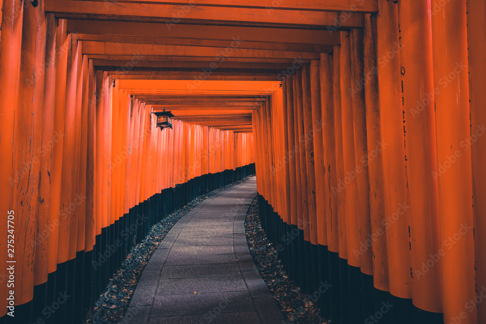 Fototapeta premium Fushimi Inari Shrine is an important Shinto shrine in southern Kyoto, Japan. It is famous for its thousands of vermilion torii gates, which straddle a network of trails behind its main buildings