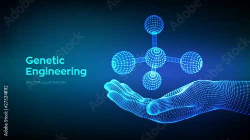 Molecule in hand. Dna, atom, neurons. Molecules and chemical formulas. 3D Scientific molecule background for medicine, science, technology, chemistry, biology. Vector illustration.