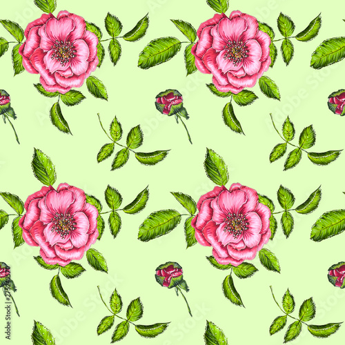 Seamless pattern of pink roses and green leaves on the light green background. Painted of markers. Endless elements for your greeting cards, textile, design, wedding announcements. 