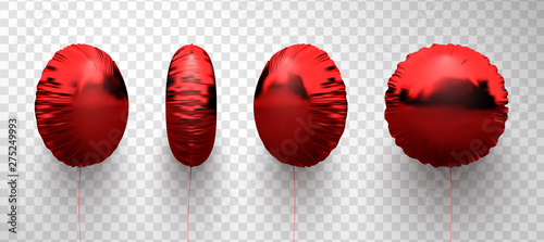 Set of 3d red shiny foil balloons isolated on transparent background.