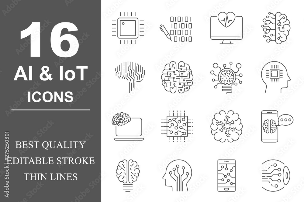 Simple set of Artificial Intelligence related vector line icons. Contains such icons as AI Processor, Cyborg, Self-learning and more. Editable Stroke