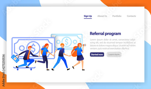 People join in and refer a friend to get money. business promotion, advertising, call through the horn.  Referral business marketing. flat vector illustration for web, banner, landing page, mobile