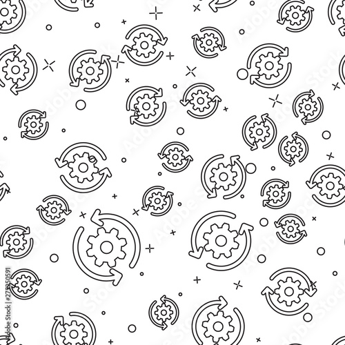 Black Gear and arrows as workflow concept icon isolated seamless pattern on white background. Gear reload sign. Vector Illustration