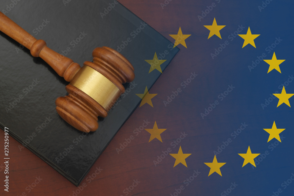 Justice and law theme, gavel and legal book on wooden table, collage with european union flag