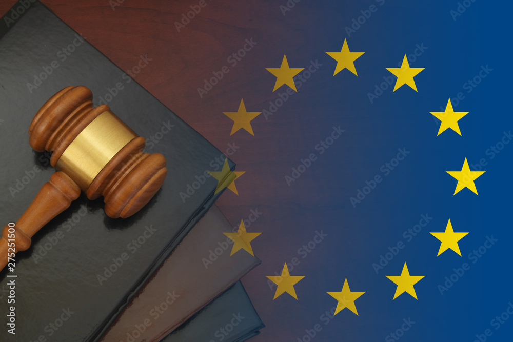 Gavel and legal book on wooden table, collage with european union flag