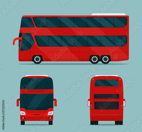 Double-decker bus isolated. Bus with side view, back view and front view. Vector flat style illustration.