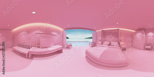 3d rendering bedroom interior with sea view background,minimal pink bedroom concept,Spherical Panorama interior