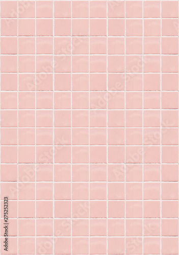 Pink ceramic square mosaic tiles texture background. Pink bathroom wall tile. Vertical picture.