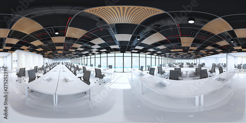 Workplaces in a modern panoramic office,Panorama of office with sea view outdoor,Full 360 spherical panorama view of office (3D Rendering)