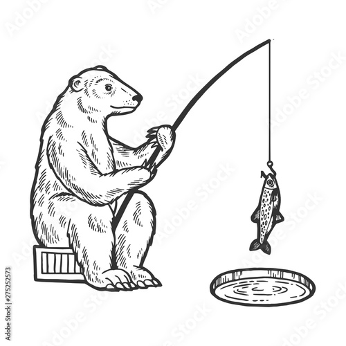 Polar Bear fishing with fishing rod in hole in ice sketch engraving vector illustration. Scratch board style imitation. Hand drawn image.
